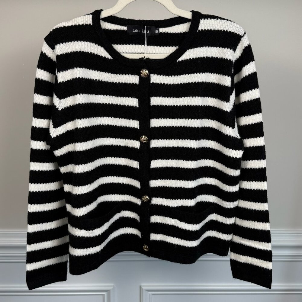 LiLu LiLu - Sweater Cardigan, Size 10, Black & White Striped, Buttoned Classic